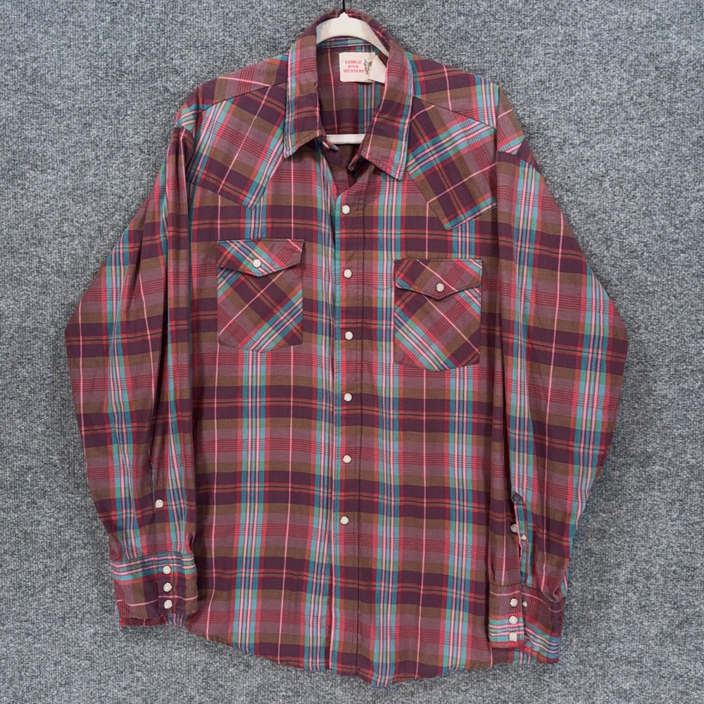 Saddle King Western Shirt Mens Large Burgundy Plaid Pearl Snap Cowboy Vintage